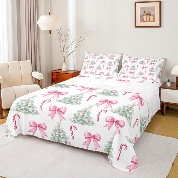 Homewish Cute Bowtie Ribbon Full Size Sheets,Dreamy Christmas Tree Bed Sheets,Pink Candy Cane Sheet Sets For Girls Kids,Ultra Soft Home Decor,4pcs