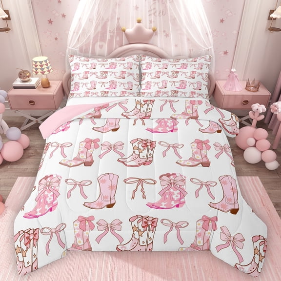 Homewish Cute Bowtie Ribbon Queen Comforter Set,Pink Cowgirl Boots Bedding Sets,Cartoon Bow Knot Bedding Comforter Set For Girls Teens,Microfiber Bedroom Decor Reversible,3 Pieces