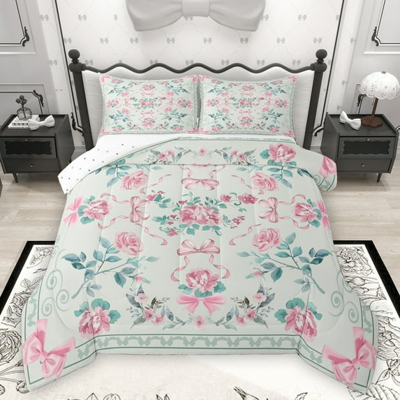 Homewish Cute Bowtie Ribbon Queen Comforter Set,Retro Rustic Flower Bedding Sets,Green Pink Bedding Comforter Set For Girls Kids,Super Cozy Room Decor Reversible,3 Pieces