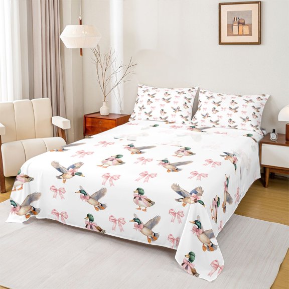 Homewish Cute Bowtie Ribbon Twin Sheet Sets,Country Mallard Duck Twin Fitted Sheet,Pink White Brown Flat Sheet For Girls Kids,Super Cozy Room Decor,3pcs