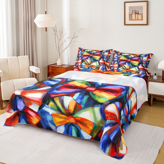 Homewish Cute Bowtie Ribbon Twin Sheet Sets,Princess Bow Knot Twin Fitted Sheet,Watercolor Bow Flat Sheet For Girls Kids,Ultra Soft Home Decor,3 Pieces