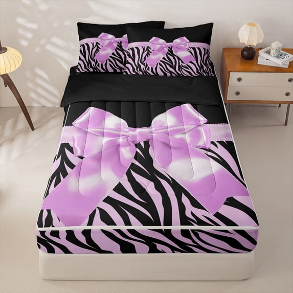 Homewish Cute Bowtie Zipper Twin Comforter Sets with Fitted Sheet and 2 Pillowcases,Fashion Women Zebra Line Print Zipper Bedding Set For Girls Kids,Black Reversible,4-Piece