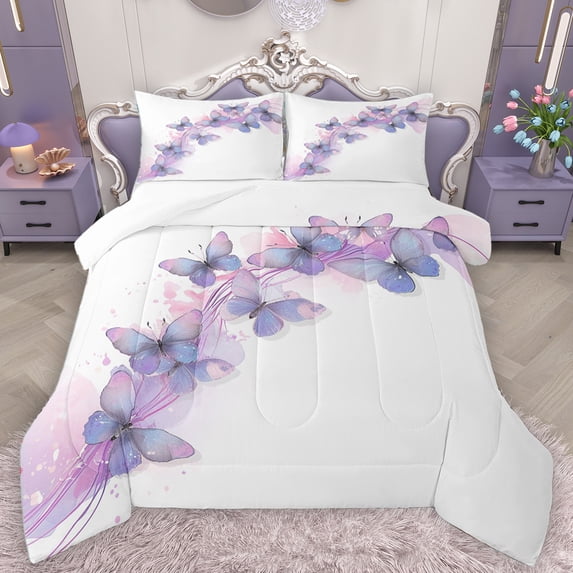 Homewish Cute Butterflies Bedding Comforter Set,Flying Animal Twin Comforter Sets,White Purple Bedding Set For Girls Kids,Luxury Bedroom Decor,2-Piece