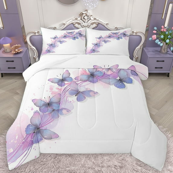 Homewish Cute Butterflies Full Size Comforter Sets,Flying Animal Bedding Comforter Set,White Purple Bedding Sets For Girls Kids,Luxury Bedroom Decor,3 Pieces
