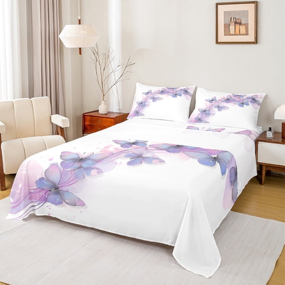 Homewish Cute Butterflies Full Size Sheets,Flying Animal Bed Sheets,White Purple Sheet Sets For Girls Kids,Luxury Bedroom Decor,4 Pieces