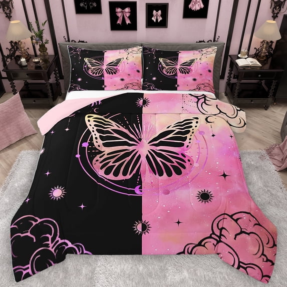 Homewish Cute Butterflies Queen Comforter Set,Flying Animal Bedding Sets,Pink Black Bedding Comforter Set For Girls Kids,Luxury Bedroom Decor Reversible,3pcs