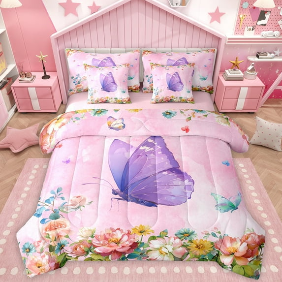 Homewish Cute Butterfly 7-Piece Twin Bedding Sets,Kawaii Colorful Floral Bedding Comforter Set,Pink Purple Sheet Sets For Girls Teens,Luxury Bedroom Decor Reversible