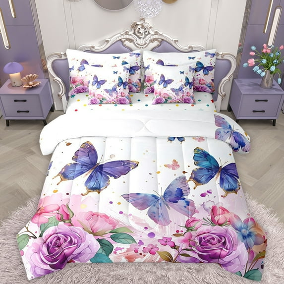 Homewish Cute Butterfly 7pcs Bedding Comforter Set,Kawaii Colorful Floral Queen Bedding Sets,Purple Pink White Queen Sheet Sets For Girls Teens,Luxury Bedroom Decor Reversible