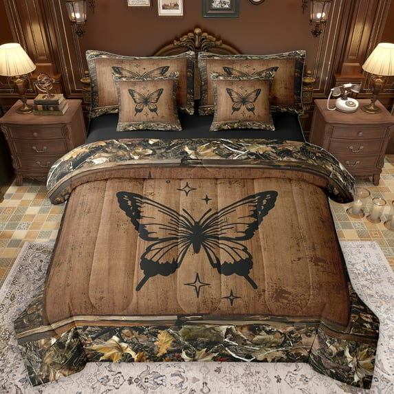 Homewish Cute Butterfly 7pcs Bedding Comforter Set,Rustic Farmhouse Cabin Queen Bedding Sets,Countryside Autumn Leaves Queen Sheet Sets For Teens,Super Cozy Room Decor Reversible