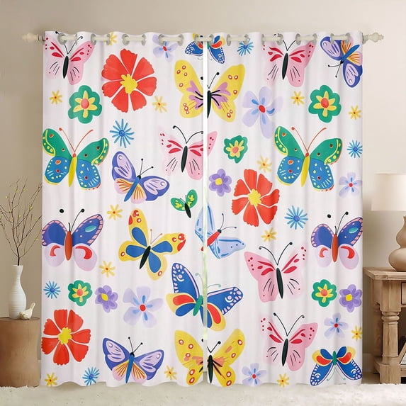 Homewish Cute Butterfly Blackout Curtains Set of 2 (52x84 Each),Kawaii Colorful Floral Window Curtains,Bohemian Style Curtains and Drapes For Girls Teens,Luxury Bedroom Decor