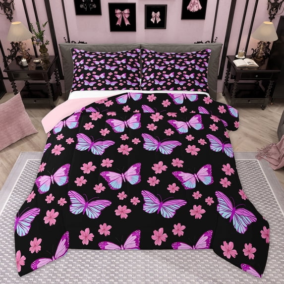 Homewish Cute Butterfly Kid Full Size Comforter Sets, Blossoms Flower Floral Bedding Comforter Set, Black Purple Cartoon Theme Reversible Bedding Sets, Luxury Bedroom Decor, 3-Piece
