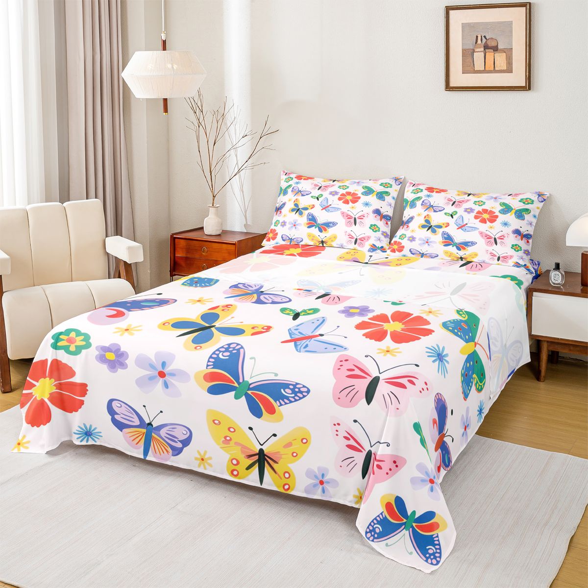 Homewish Cute Butterfly Twin Sheet Sets,Kawaii Colorful Floral Twin Fitted Sheet,Bohemian Style Flat Sheet For Girls Teens,Luxury Bedroom Decor,3-Piece