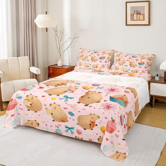 Homewish Cute Capibara Animal Twin Sheet Sets for Teen, Kawaii Bowknot Twin Fitted Sheet, Pink Cartoon Theme Flat Sheet, Microfiber Bedroom Decor, 3-Piece