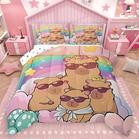 Homewish Cute Capibara Family Full Size Comforter Sets, Kawaii Funny Animal Bedding Comforter Set, Dreamy Stars Rainbow Reversible Bedding Sets, Luxury Bedroom Decor, 3 Pieces