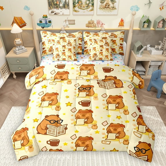 Homewish Cute Capybara 7-Piece Bedding Comforter Set,Cartoon Animal King Bedding Sets,Yellow Stars Print Bed Sheets For Girls Boys,Luxury Bedroom Decor Reversible