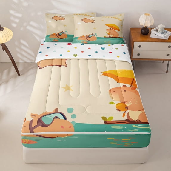 Homewish Cute Capybara Kid Zipper Full Size Comforter Sets with Fitted Sheet and 2 Pillowcases, Summer Ocean Animal Zipper Bedding Set, Polka Dots Reversible, 4-Piece