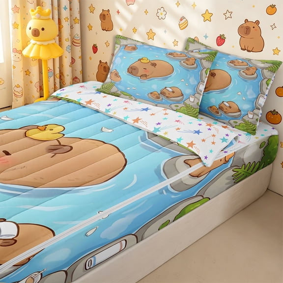 Homewish Cute Capybara In The Water Zipper Twin Comforter Sets with Fitted Sheet and 2 Pillowcases,Cartoon Animal Yellow Duck Zipper Bedding Set for Boys Girls,4-Piece,Reversible