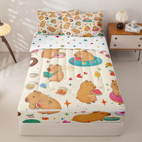 Homewish Cute Capybara Zipper Full Size Comforter Sets with Fitted Sheet and 2 Pillowcases For Capybara Lovers,Kawaii Flower Sweet Doughnut Zipper Bedding Set Girls,Reversible,4-Piece