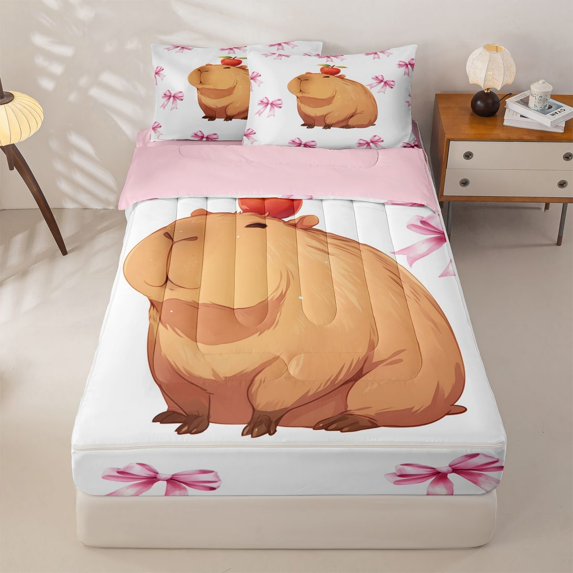 Homewish Cute Capybara Zipper Full Size Comforter Sets with Fitted Sheet and 2 Pillowcases For Girls,Pink Bowknot Zipper Bedding Set For Girls,Pink Reversible,4-Piece