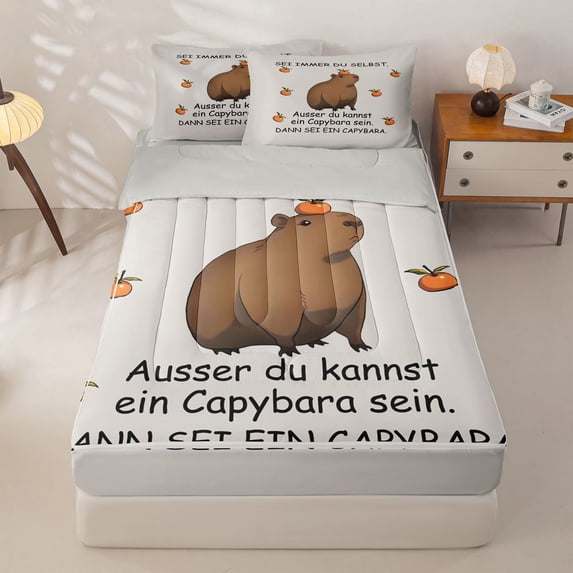 Homewish Cute Capybara Zipper Full Size Comforter Sets with Fitted Sheet and 2 Pillowcases,Kawaii Fruit Orange Print Zipper Bedding Set For Capybara Lovers,Reversible,4 Pieces