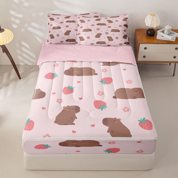 Homewish Cute Capybara Zipper Twin Comforter Sets with Fitted Sheet and 2 Pillowcases For Girls,Pink Strawberry Zipper Bedding Set,Pink Reversible,4-Piece