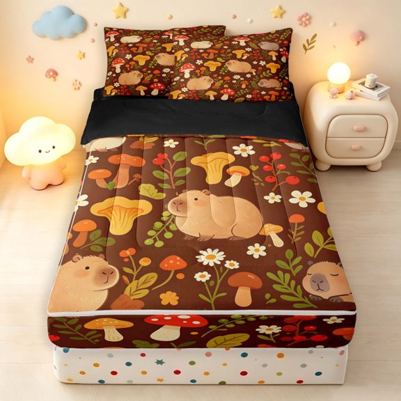 Homewish Cute Capybaras Animals Zipper Twin Comforter Sets with Fitted Sheet and 2 Pillowcases,Vintage Floral Mushroom Zipper Bedding Set,Black Reversible,4pcs
