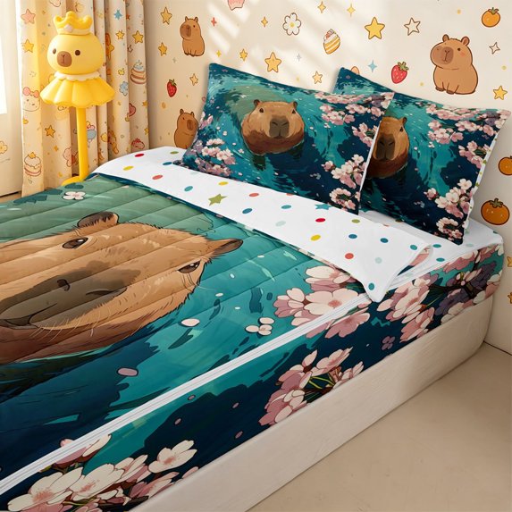 Homewish Cute Capybaras Zipper Full Size Comforter Sets with Fitted Sheet and 2 Pillowcases,Pink Cherry Blossoms Zipper Bedding Set for Boys Girls,4pcs,Reversible