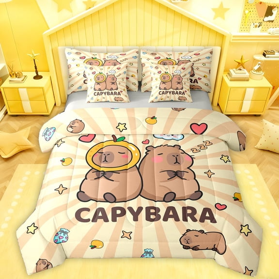 Homewish Cute Capynara Kapibara 7pcs Bedding Comforter Set,Geometric Striped Line Queen Bedding Sets,Brown Beige Queen Sheet Sets For Kids,Super Cozy Room Decor Reversible