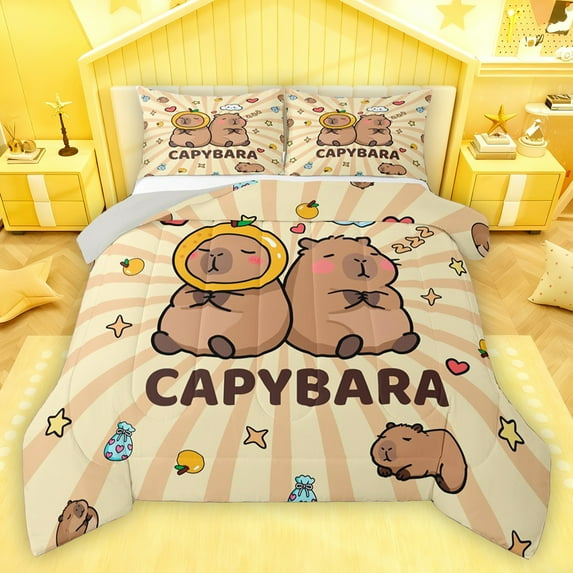Homewish Cute Capynara Kapibara Bedding Comforter Set,Geometric Striped Line Twin Comforter Sets,Brown Beige Bedding Set For Kids,Super Cozy Room Decor Reversible,2-Piece