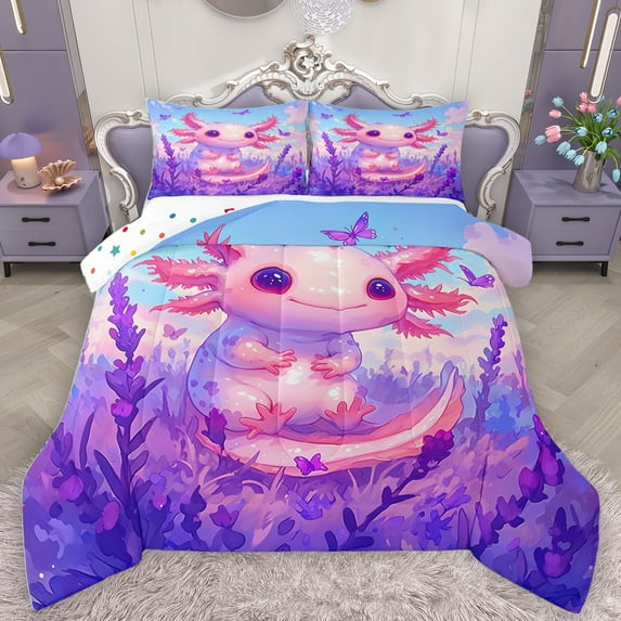 Homewish Cute Cartoon Axolotl Bedding Comforter Set,Flower Butterflies Pattern Twin Comforter Sets,Purple Floral Pink Salamander Bedding Set For Girls Kids,Luxury Bedroom Decor Reversible,2-Piece