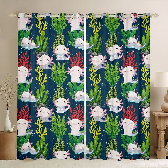 Homewish Cute Cartoon Axolotl Blackout Curtains Set of 2 (52x84 Each),Watercolor Ocean Coral Window Curtains,Hreen Deepblue Pink Curtains and Drapes For Girls Kids,Microfiber Bedroom Decor