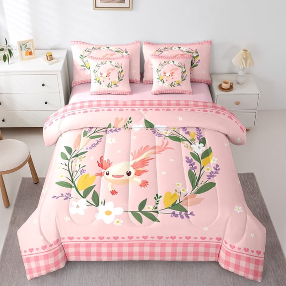Homewish Cute Cartoon Axolotl Twin Bedding Sets 7-Piece, Dreamy Cherry Blossoms Bedding Comforter Set, Dreamy Princess Style Reversible Sheet Sets, Lightweight Room Decor
