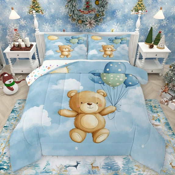 Homewish Cute Cartoon Bear Full Size Comforter Sets,Polka Dots Ballon Bedding Comforter Set,Blue Brown Bedding Sets For Boys Teens,Breathable Home Decor Reversible,3 Pieces