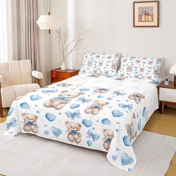 Homewish Cute Cartoon Bear Queen Sheet Sets,Kawaii Bowtie Loves Flat Sheet,White Blue Brown Queen Fitted Sheet For Girls Kids,Super Cozy Room Decor,4-Piece