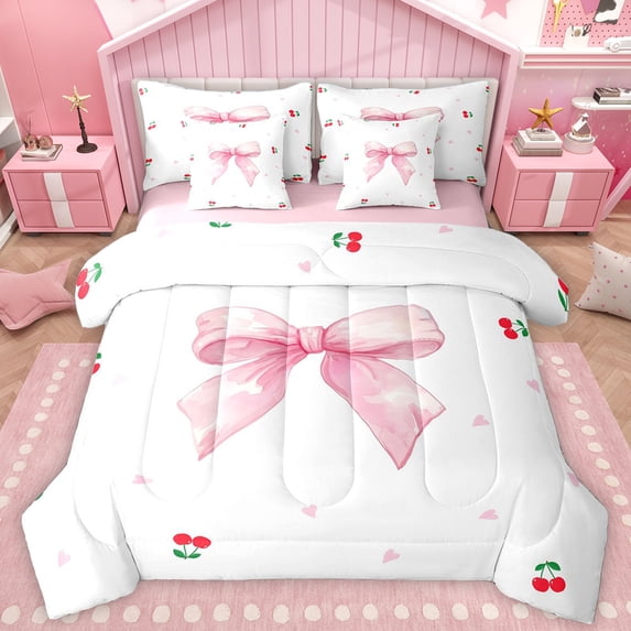 Homewish Cute Cartoon Bow 7-Piece Twin Bedding Sets,Cherry Loves Pattern Bedding Comforter Set,Pink White Sheet Sets For Kids,Breathable Home Decor Reversible