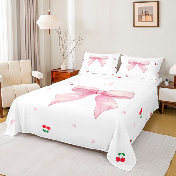 Homewish Cute Cartoon Bow Twin Sheet Sets,Cherry Loves Pattern Twin Fitted Sheet,Pink White Flat Sheet For Kids,Breathable Home Decor,3 Pieces