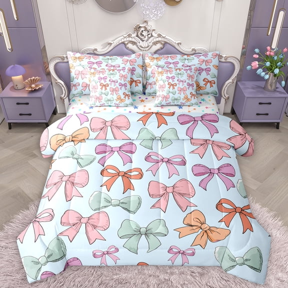 Homewish Cute Cartoon Bowtie 7-Piece Twin Bedding Sets,Kawaii Bow Ribbon Bedding Comforter Set,Watercolor Bowknot Sheet Sets For Girls Kids,Super Cozy Room Decor Reversible