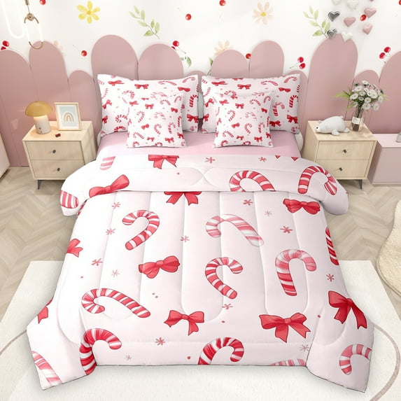 Homewish Cute Cartoon Bowtie 7-Piece Twin Bedding Sets,Sweet Candy Cane Bedding Comforter Set,Red Bow Ribbon Sheet Sets For Girls Kids,Breathable Home Decor Reversible