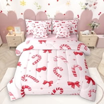 Homewish Cute Cartoon Bowtie 7-Piece Twin Bedding Sets,Sweet Candy Cane Bedding Comforter Set,Red Bow Ribbon Sheet Sets For Girls Kids,Breathable Home Decor Reversible