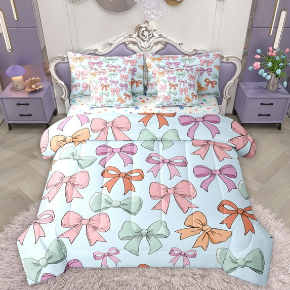 Homewish Cute Cartoon Bowtie 7 Pieces Bedding Comforter Set,Kawaii Bow Ribbon Full Bedding Set,Watercolor Bowknot Fitted Sheet Flat Sheet For Girls Kids,Super Cozy Room Decor Reversible