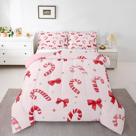 Homewish Cute Cartoon Bowtie Bedding Comforter Set,Sweet Candy Cane Twin Comforter Sets,Red Bow Ribbon Bedding Set For Girls Kids,Breathable Home Decor Reversible,2-Piece