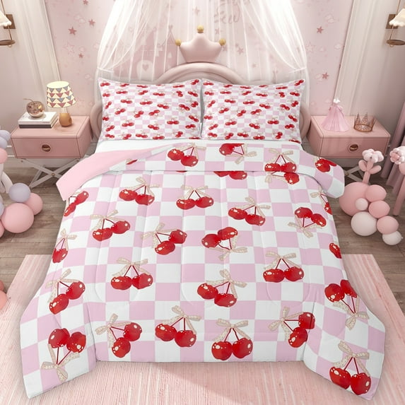Homewish Cute Cartoon Bowtie Full Size Comforter Sets,Sweet Berry Bedding Comforter Set,Pink Classic Checkered Bedding Sets For Girls Kids,Ultra Soft Home Decor Reversible,3 Pieces