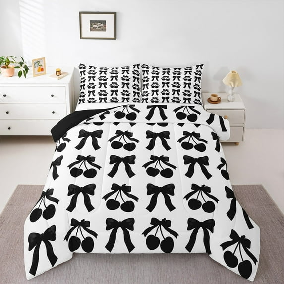 Homewish Cute Cartoon Bowtie Full Size Comforter Sets,Sweet Berry Bedding Comforter Set,White Black Bedding Sets For Girls Kids,Ultra Soft Home Decor Reversible,3pcs