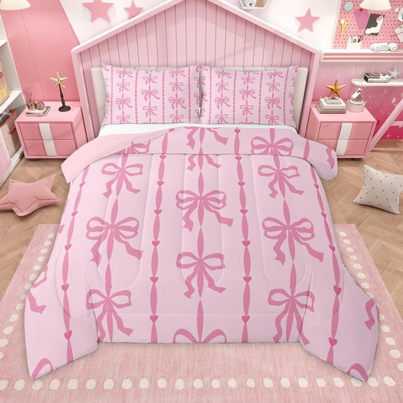 Homewish Cute Cartoon Bowtie Queen Comforter Set,Kawaii Bow Bedding Sets,Princess Pink Bedding Comforter Set For Girls,Microfiber Bedroom Decor Reversible,3pcs