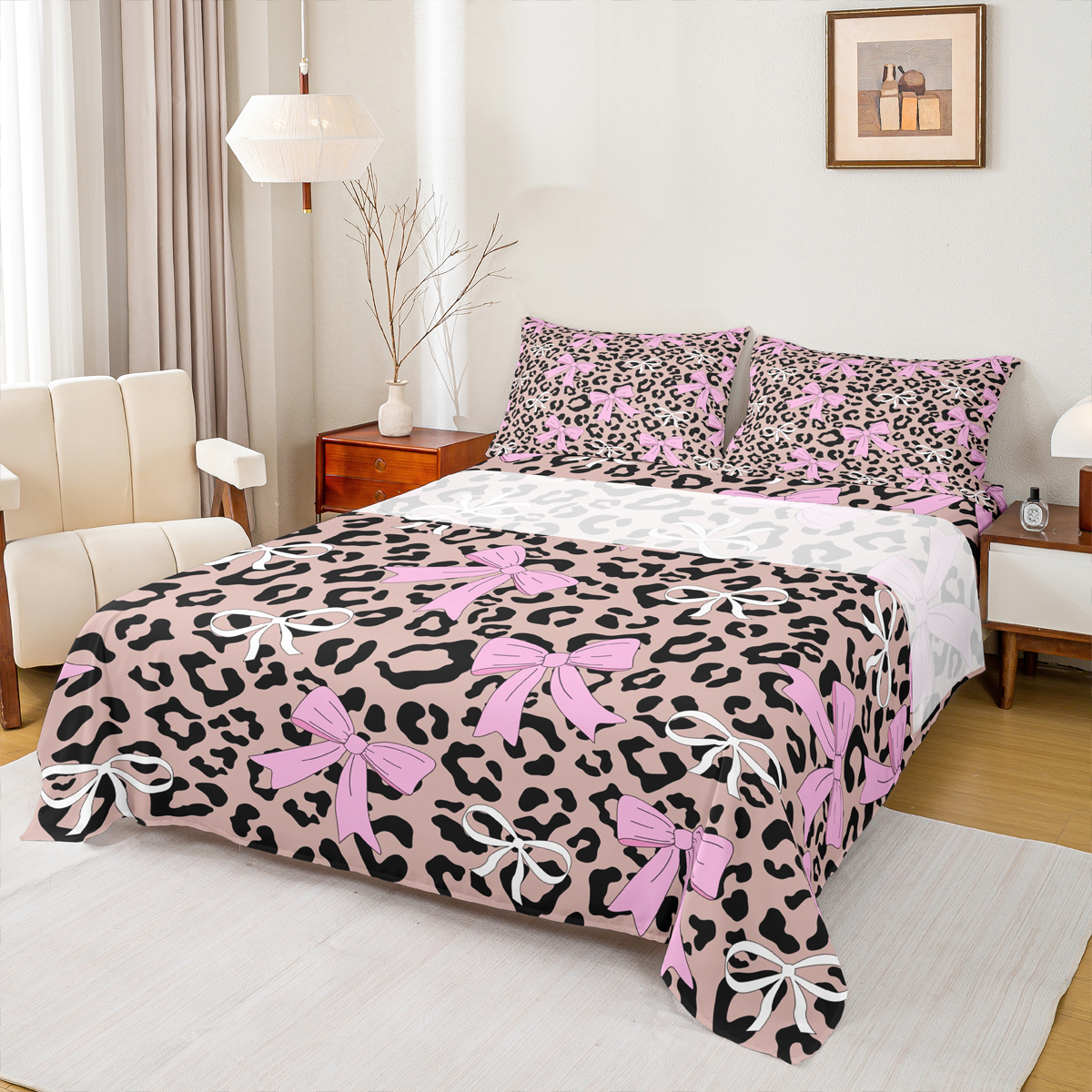 Homewish Cute Cartoon Bowtie Queen Sheet Sets,Leopard Print Flat Sheet,Brown Pink Queen Fitted Sheet For Girls,Microfiber Bedroom Decor,4 Pieces