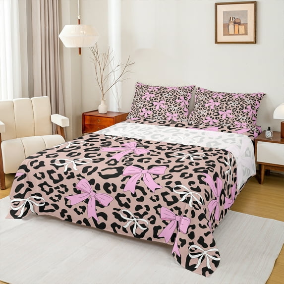 Homewish Cute Cartoon Bowtie Twin Sheet Sets,Leopard Print Twin Fitted Sheet,Brown Pink 03 For Girls,Microfiber Bedroom Decor,3pcs