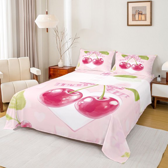 Homewish Cute Cartoon Bowtie Twin Sheet Sets,Sweet Berry Twin Fitted Sheet,Pink White Green Flat Sheet For Girls Kids,Ultra Soft Home Decor,3pcs