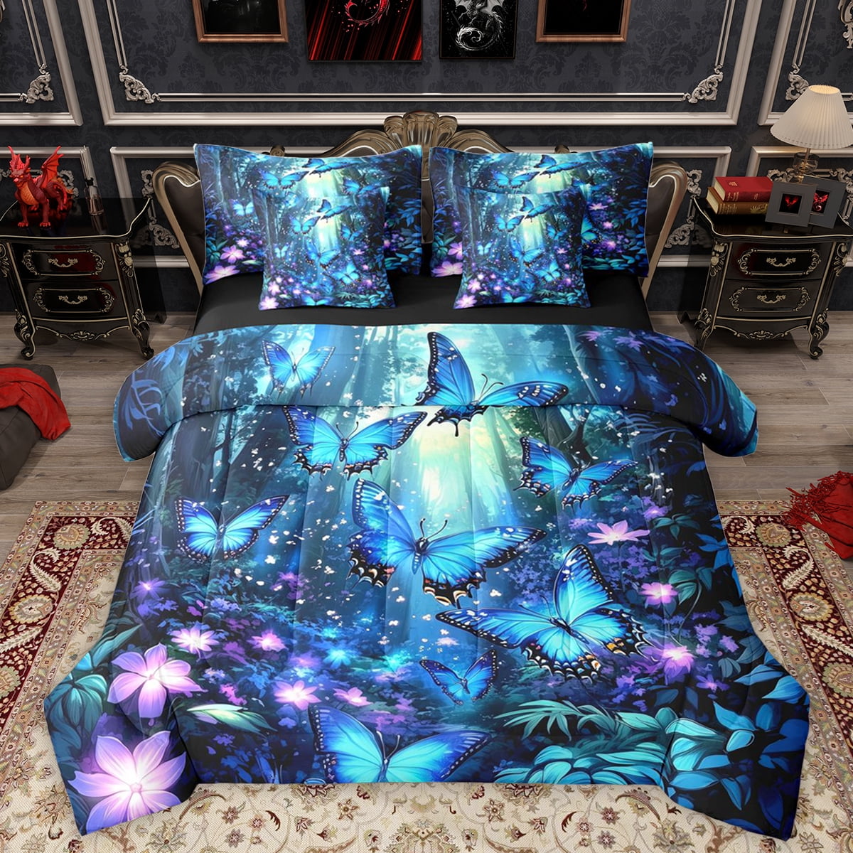 Homewish Cute Cartoon Butterflies 7pcs Bedding Comforter Set,Rustic Flying Animal Queen Bedding Sets,Blue Purple Queen Sheet Sets For Girls Boys,Ultra Soft Home Decor Reversible