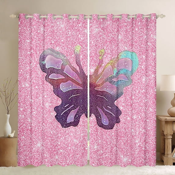 Homewish Cute Cartoon Butterflies Curtains Pack of 2 (42x84 Each),Colorful Glitter Print Curtains Blackout,Pink Purple Ombre Bedroom Curtains For Girls Kids,Luxury Bedroom Decor
