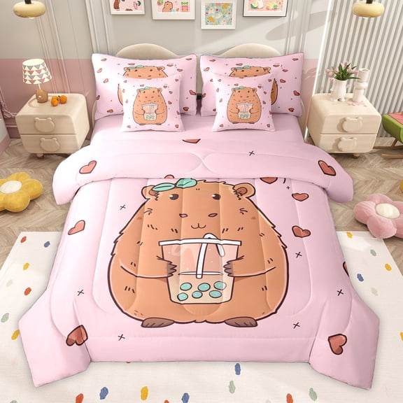Homewish Cute Cartoon Capybara 7-Piece Bedding Comforter Set,Capybara Loves King Bedding Sets,Pink Brown Bed Sheets For Girls Kids,Breathable Home Decor Reversible